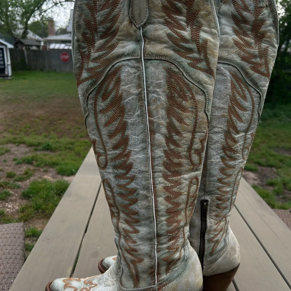 Corral Women's Embroidered Over-the-Knee Boots in Light Gray and Tan